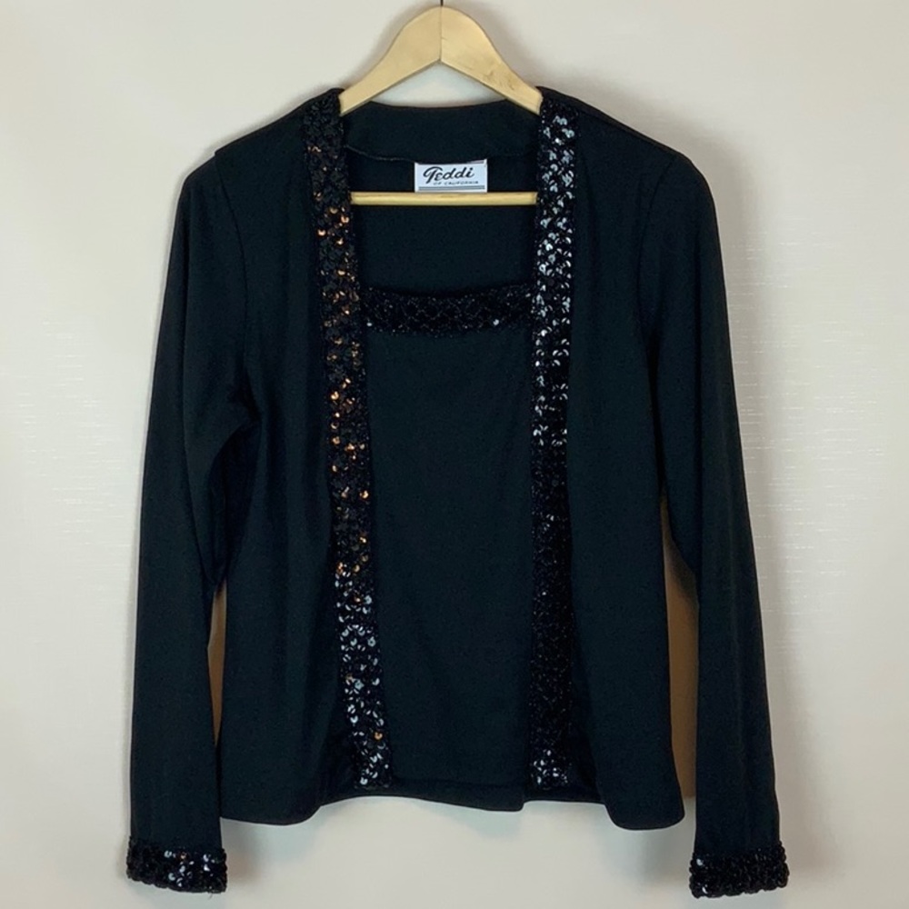 Silky Sequin Cardigan Blouse Square Neck Size M